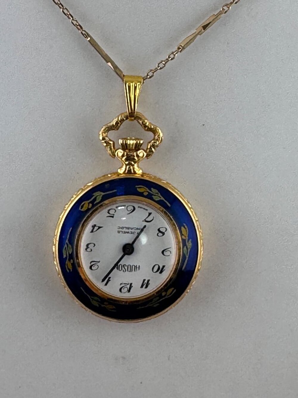 Vintage Hudson Gold Plated Pendant Watch with Blue Guilloche & Red Flower Motifs